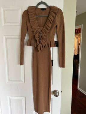 Lulu's Camel Ruffle-Trim Ribbed Knit Dress Set NWT